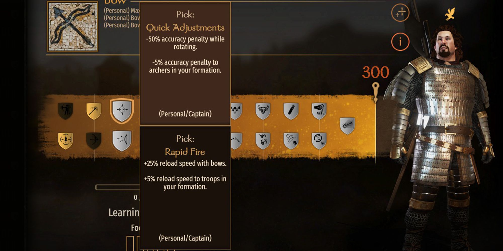-50% accuracy penalty while aiming. -5% accuracy penalty to archers in your formation.