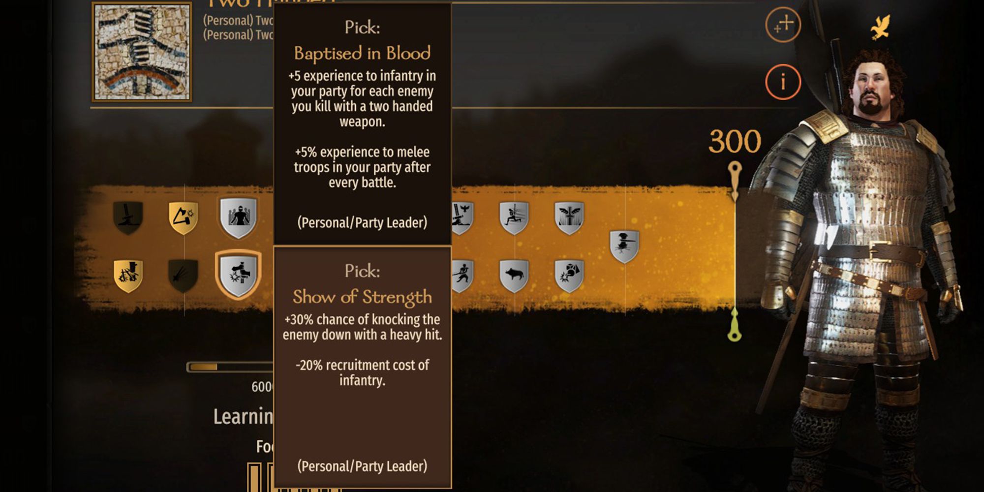 +30% chance of knocking the enemy down with a heavy hit. -20% recruitment cost of infantry.