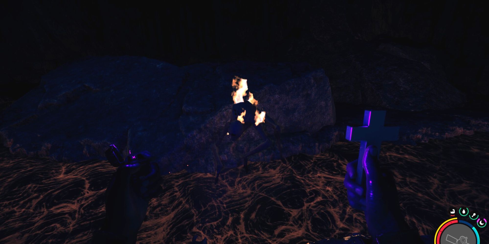 Player uses lighter and the Cross to set a demon aflame