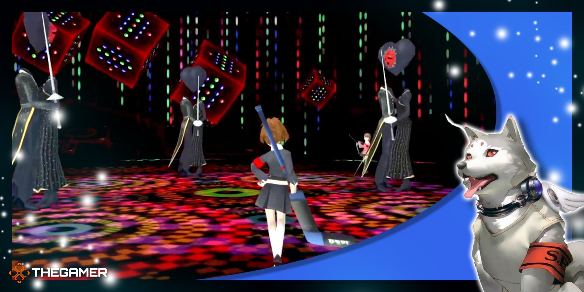 the female protagonist about to fight three royal dancer guardian shadows in persona 3 portable with our blue p3p koromaru frame