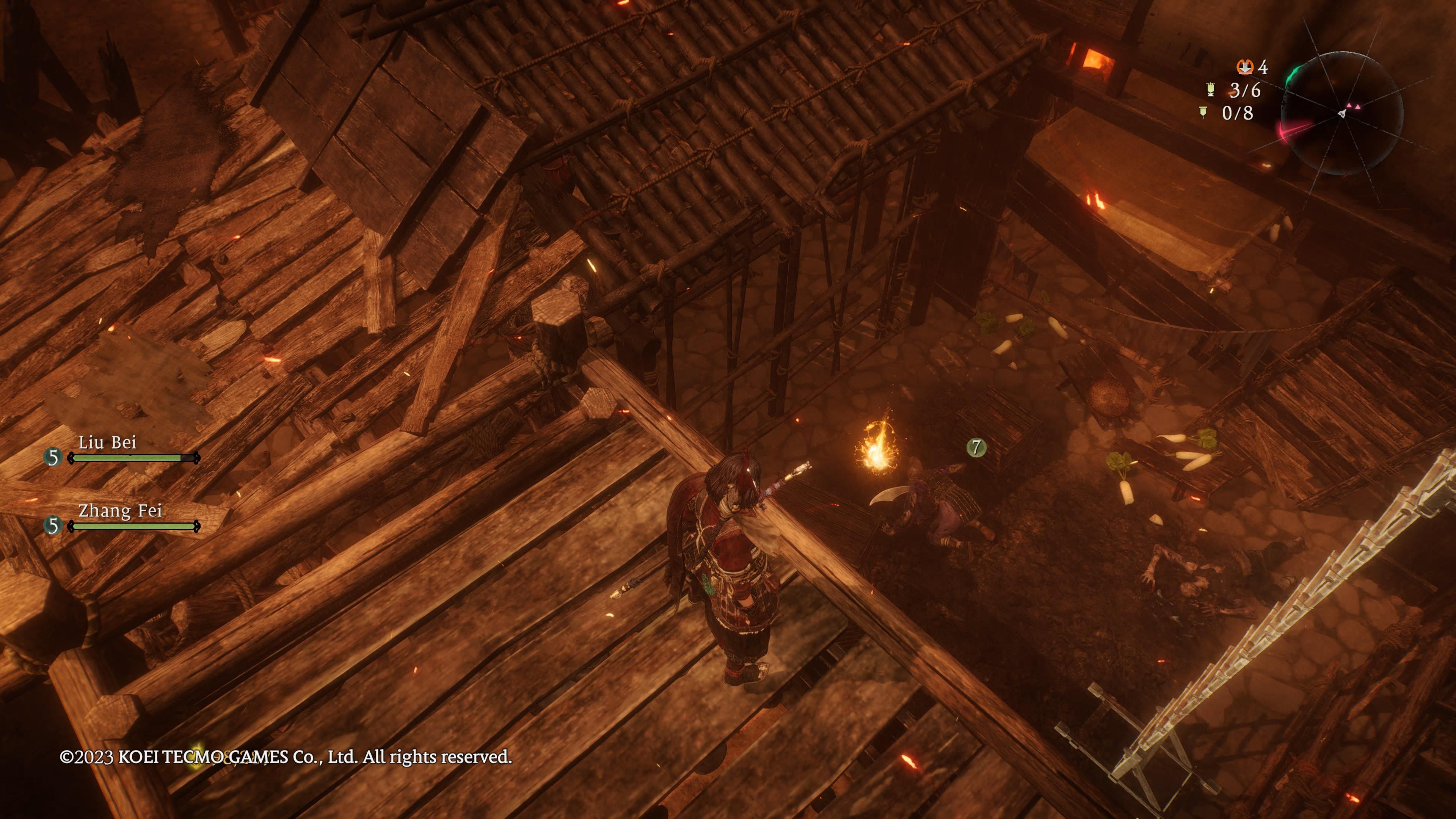 Wo Long: Fallen Dynasty - Dragon Vein Crystal seen at the bottom of a ladder, surrounded by wooden structures