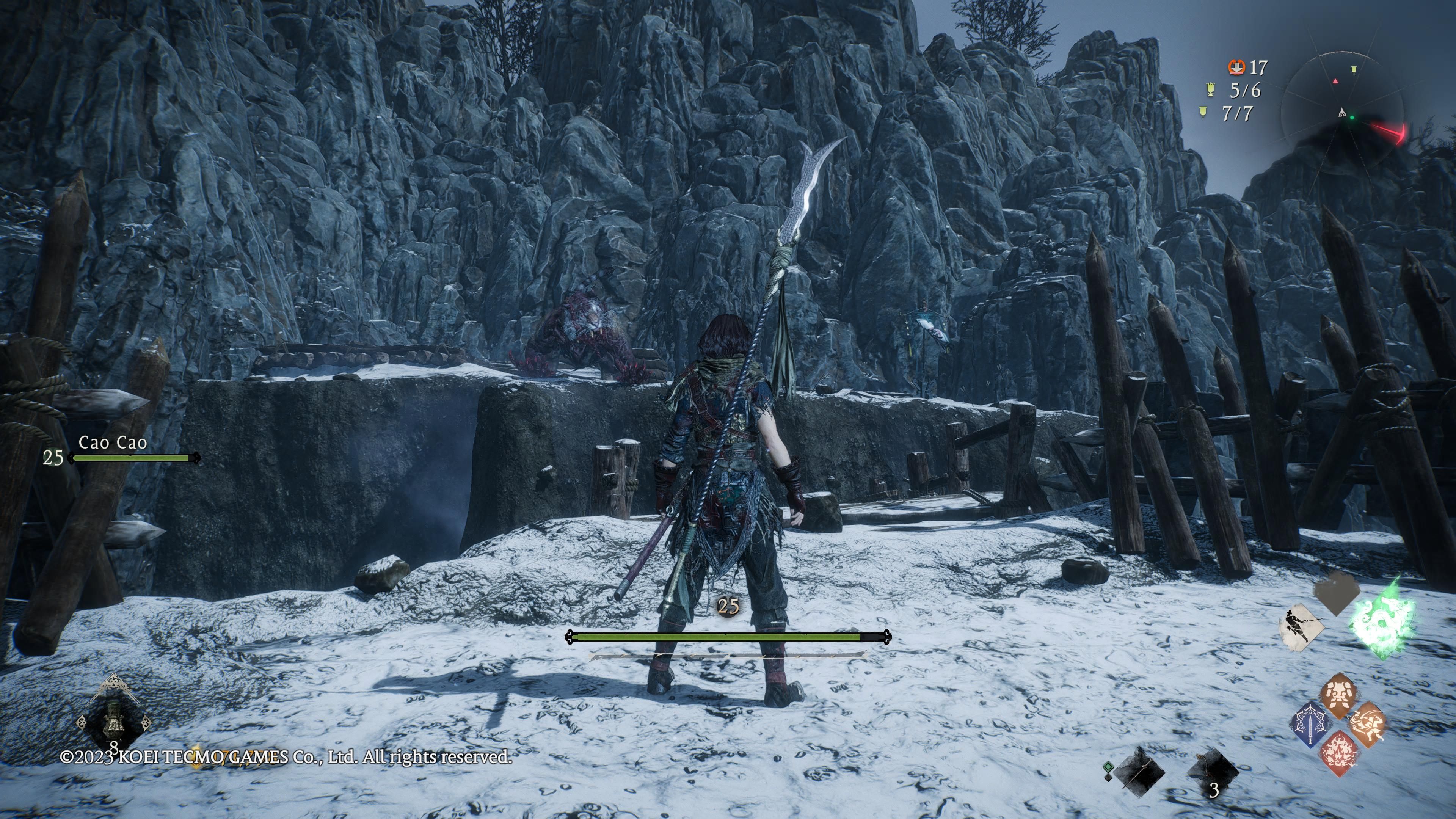Wo Long: Fallen Dynasty - a tiger demon stands on a platform across a ravine, guarding the marking flag to its right