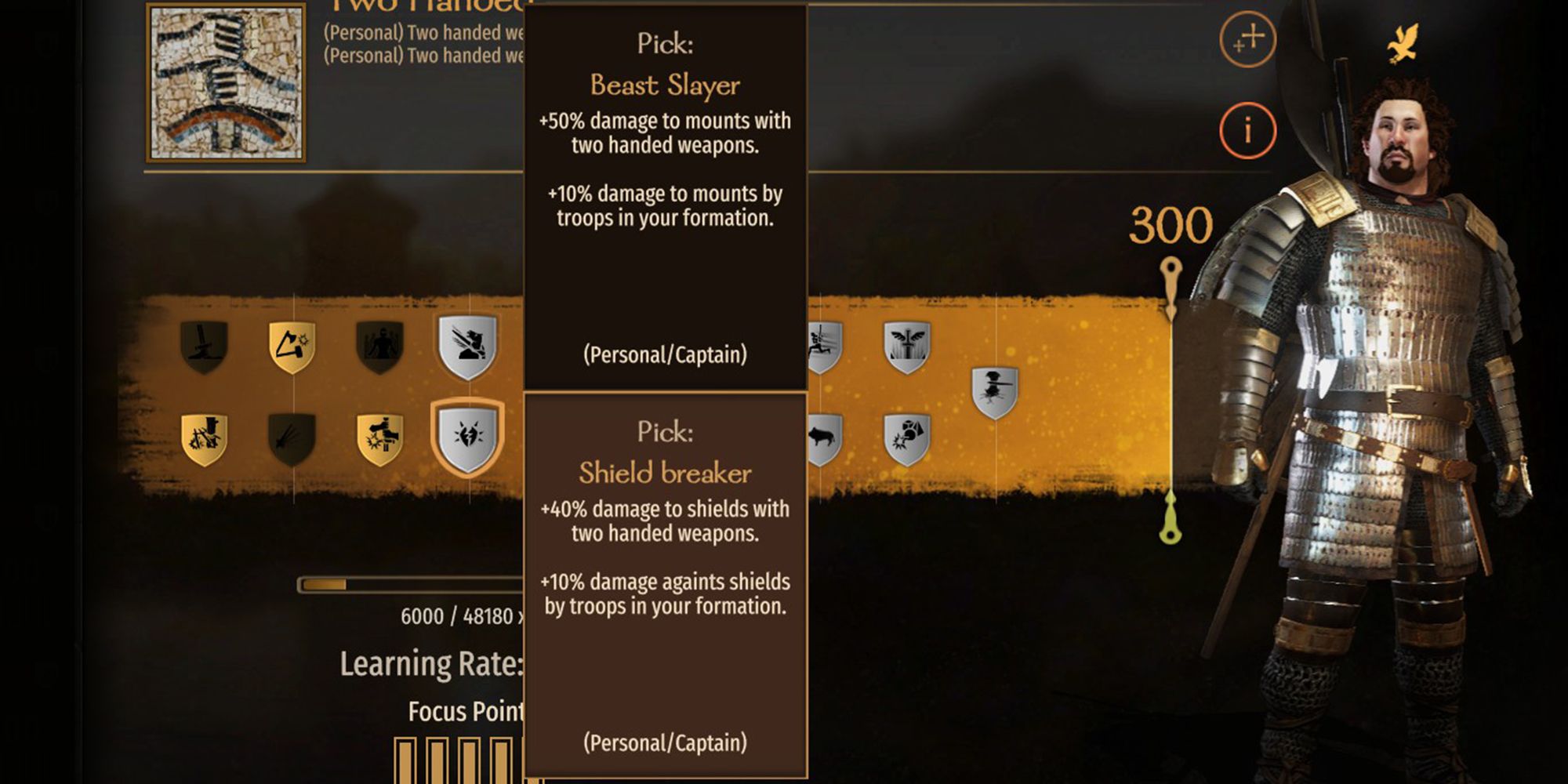 +40% damage to shields with two handed weapons. +30% damage against shields by troops in your formation.