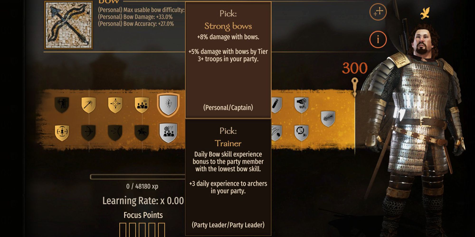 +8% damage with bows. +5% damage with bows by tier 3+ troops in your party.