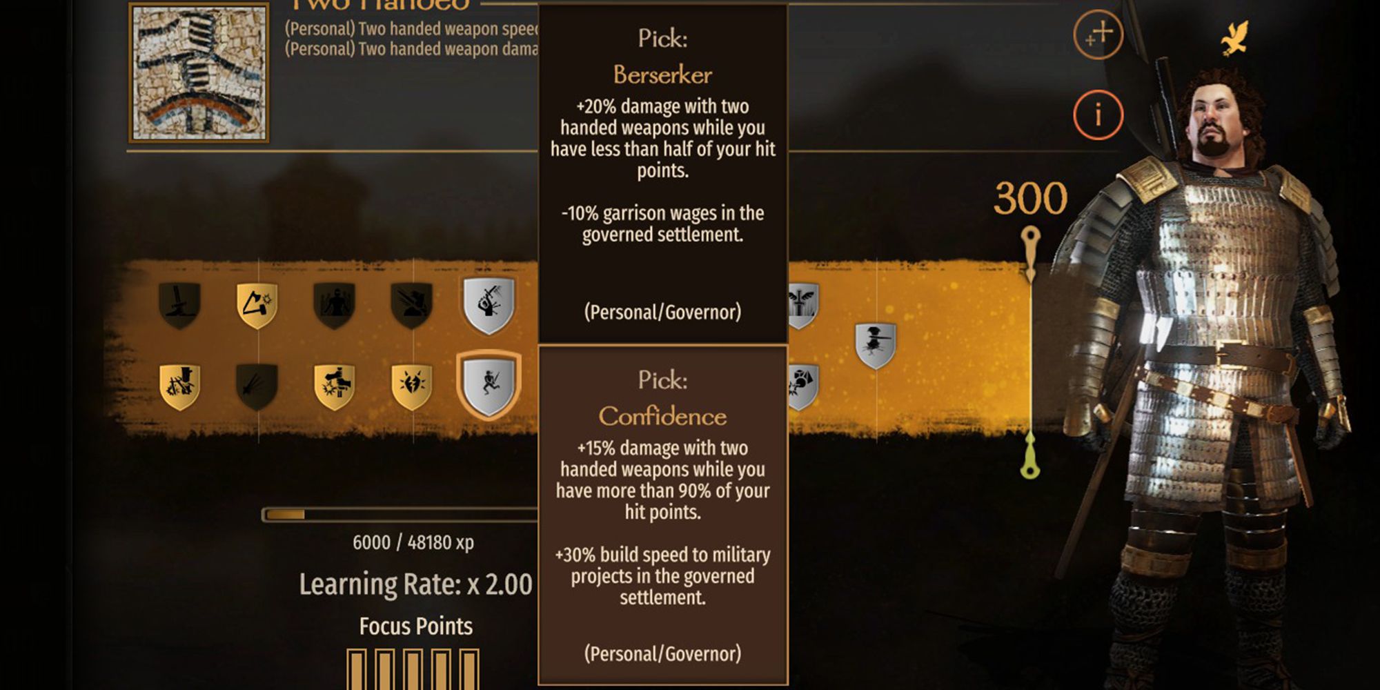 +15% damage with two handed weapons while you have more than 90% of your hit points. +30% build speed to military projects in governed settlement.
