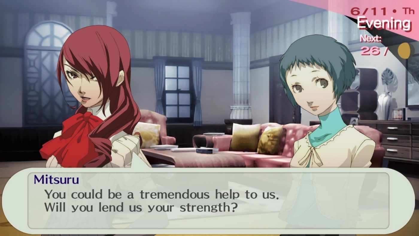 6-11 mitsuru at iwatodai dorm asking fuuka to join sees in persona 3 portable