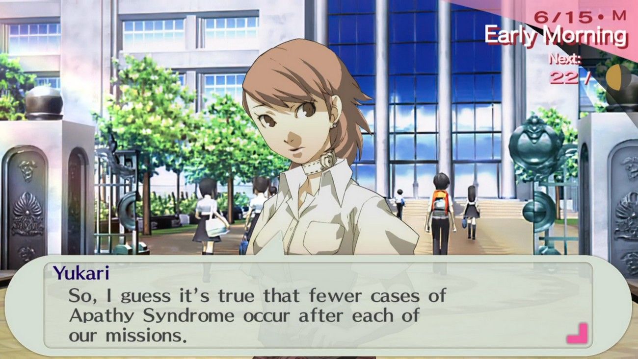 6-15 yukari outside of gekkoukan high discussing the apathy syndrome cases going down in persona 3 portable