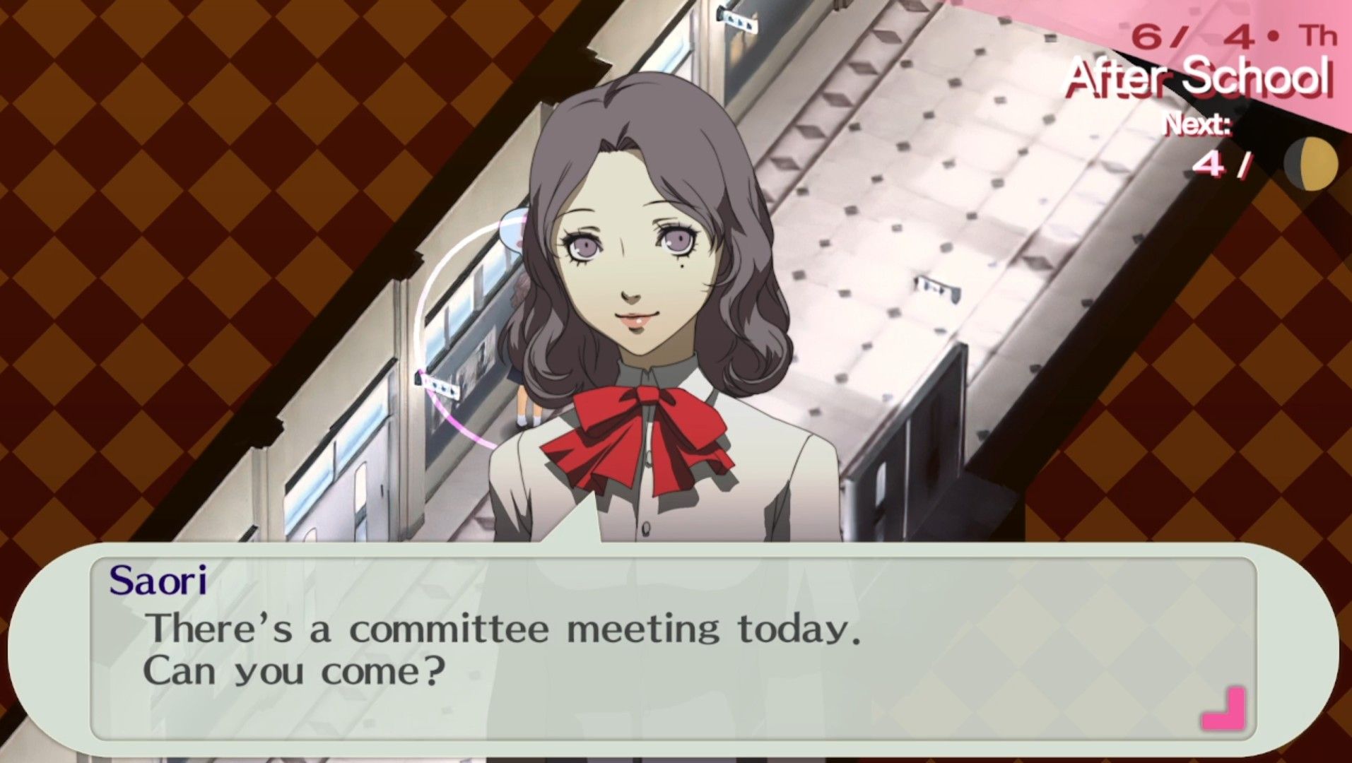 6-2 saori asking if the female protagonist can come to a committee meeting in persona 3 portable