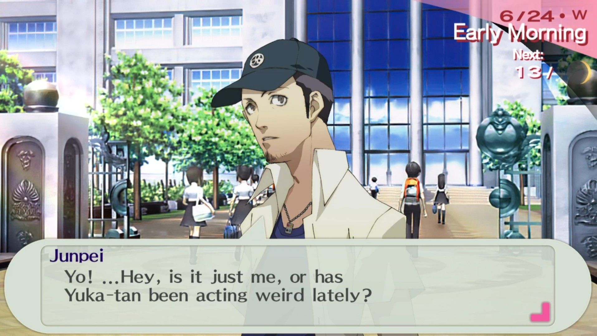 6-24 junpei outside of gekkoukan high talking to the female protagonist about yukari in persona 3 portable