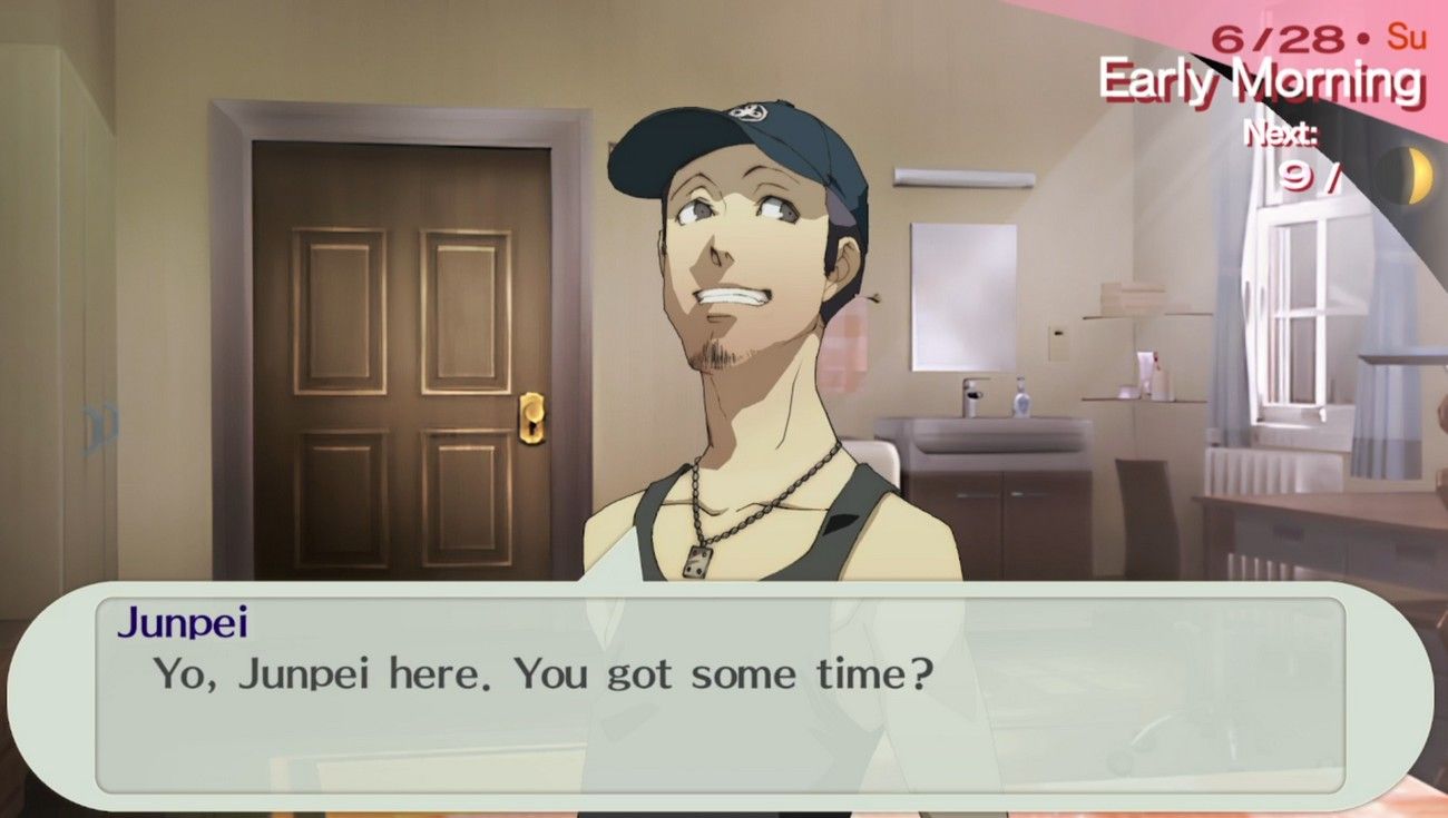 6-28 junpei in the female protagonist's room in p3p asking her to hang oiut