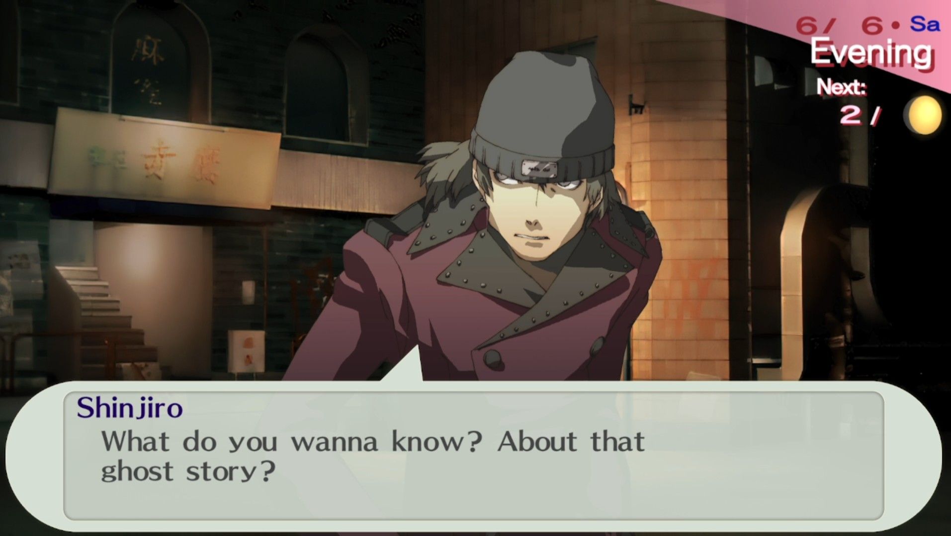 6-6 shinjiro in the alley about to explain what he knows about persona 3 portable's ghost story