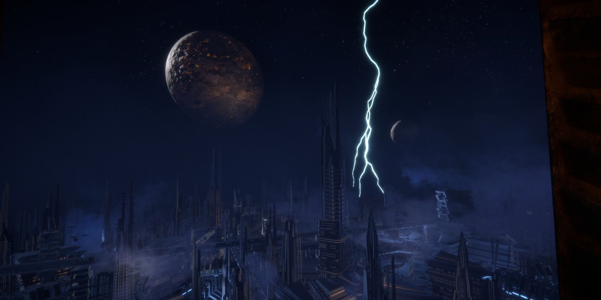 A mysterious city appears with otherworldy architecture, a large and dark moon, a smaller crescent moon, and lightning