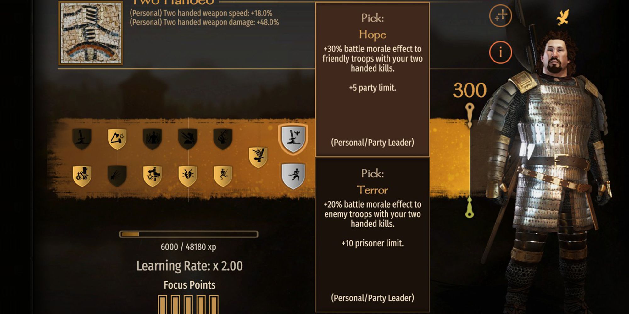 +30% battle morale effect to friendly troops with your two handed kills. +5 party limit.