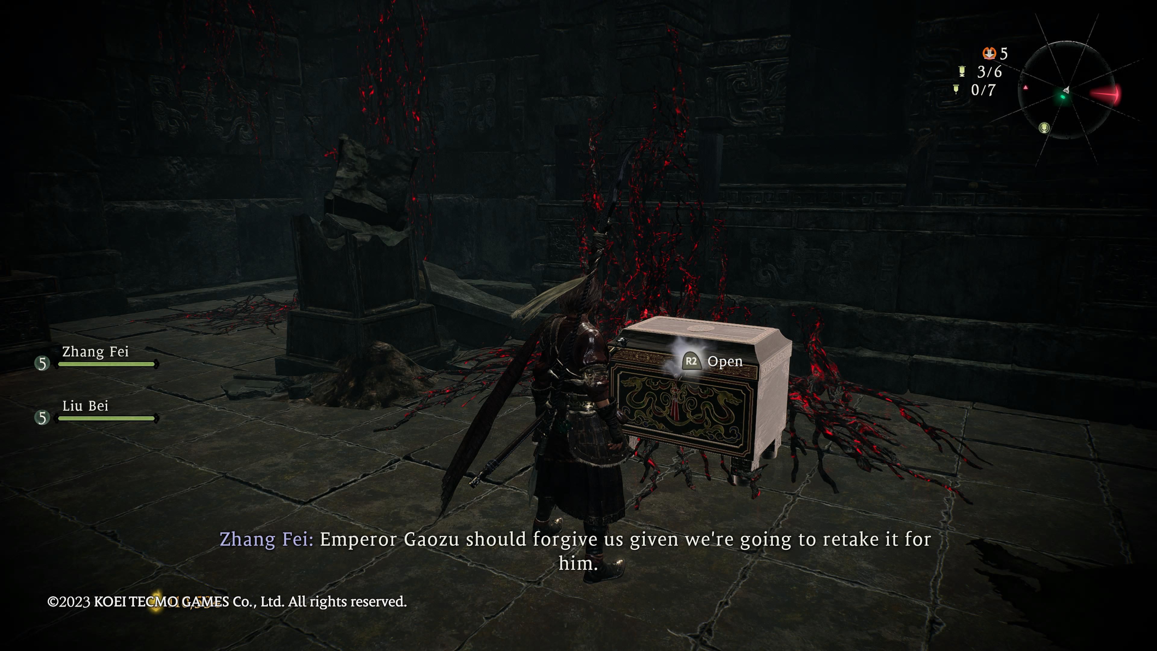 Wo Long: Fallen Dynasty - our character looks at a chest containing the next Dragon Vein Crystal 