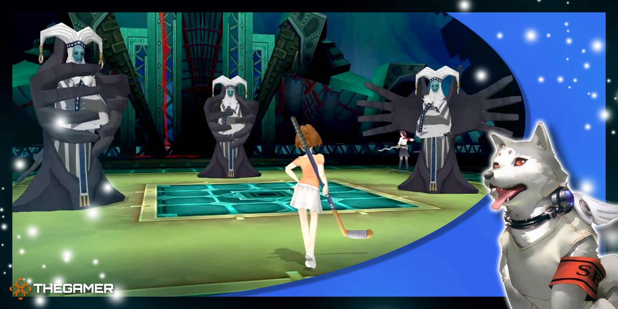the female protagonist of persona 3 portable about to battle the magical magus guardians in our koromaru p3p frame