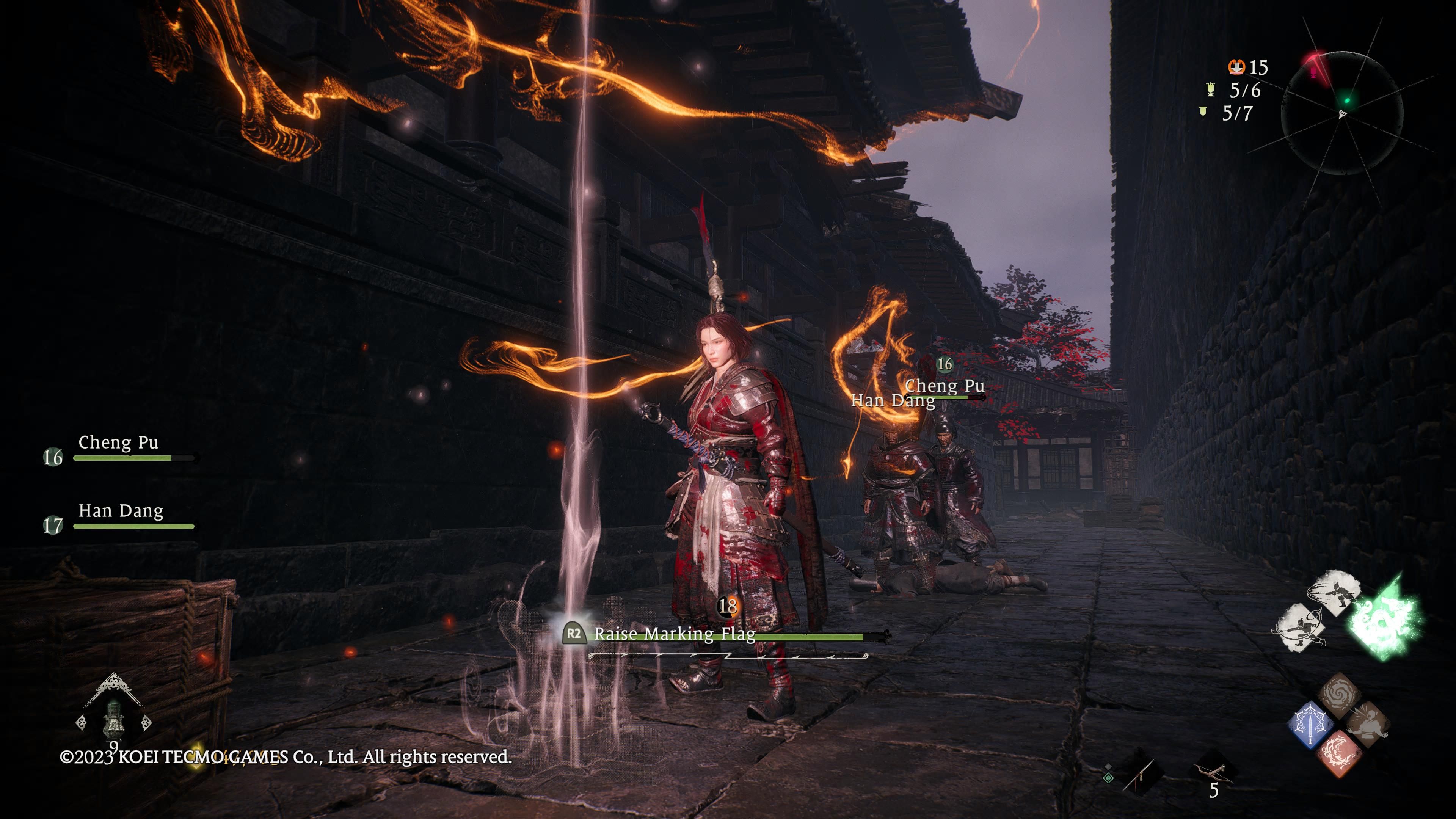 Wo Long: Fallen Dynasty - our character sees the Marking Flag at the end of a pathway to the side of the building that has the boss in