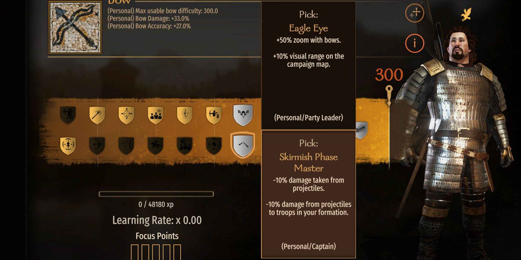 -10% damage taken from projectiles. -10% damage from projectiles to troops in your formation.