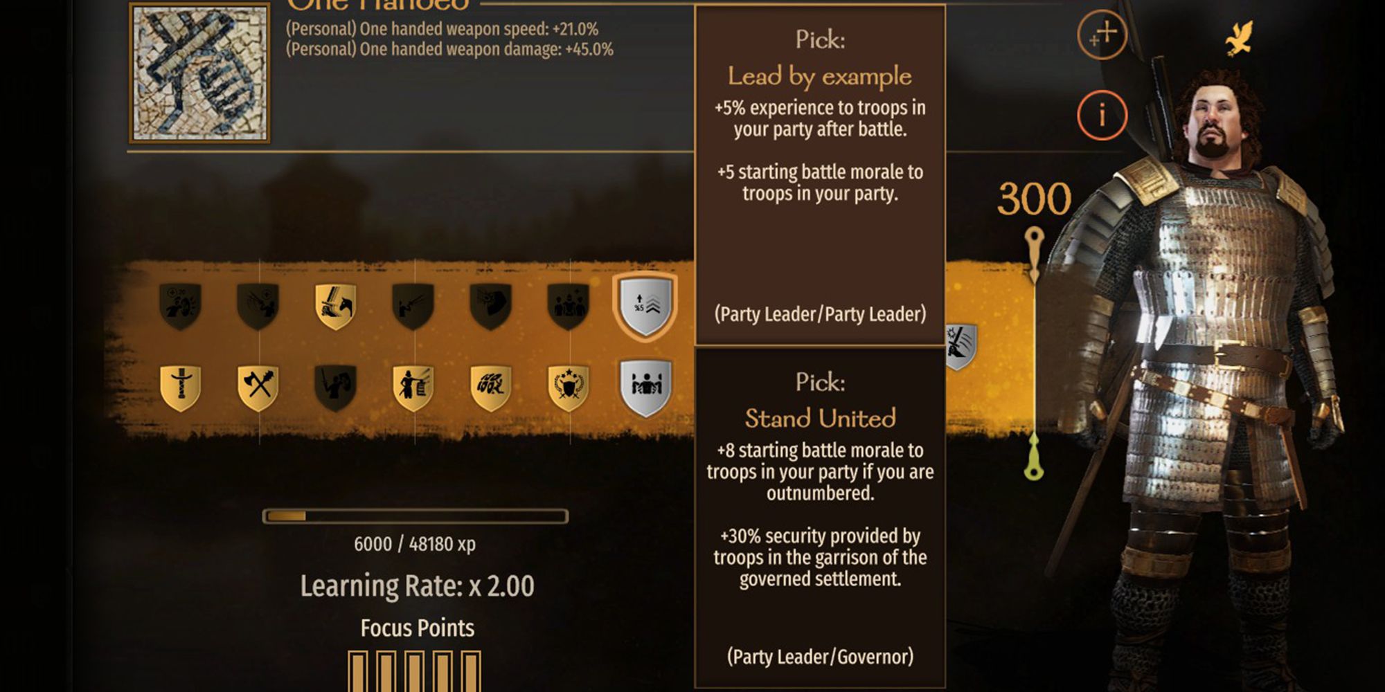 +5% experience to troops in your party after battle. +5 starting battle morale to troops in your party.