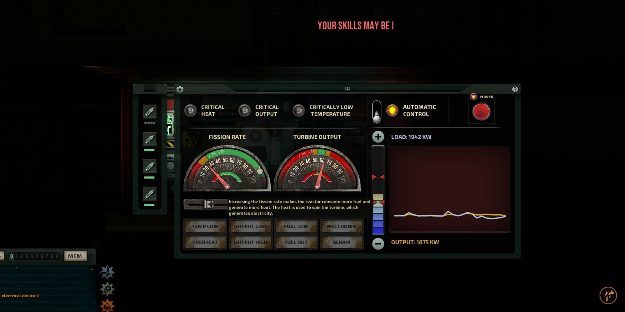 the controls for the nuclear reactor showing automatic control, fission rate, turbine output, and the remaining fuel left