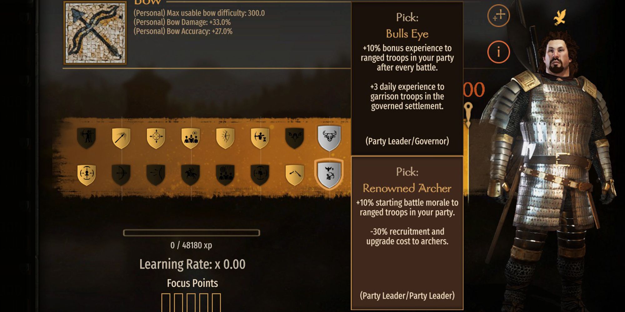+10% starting battle morale to ranged troops in your party. -30% recruitment and upgrade cost to archers.