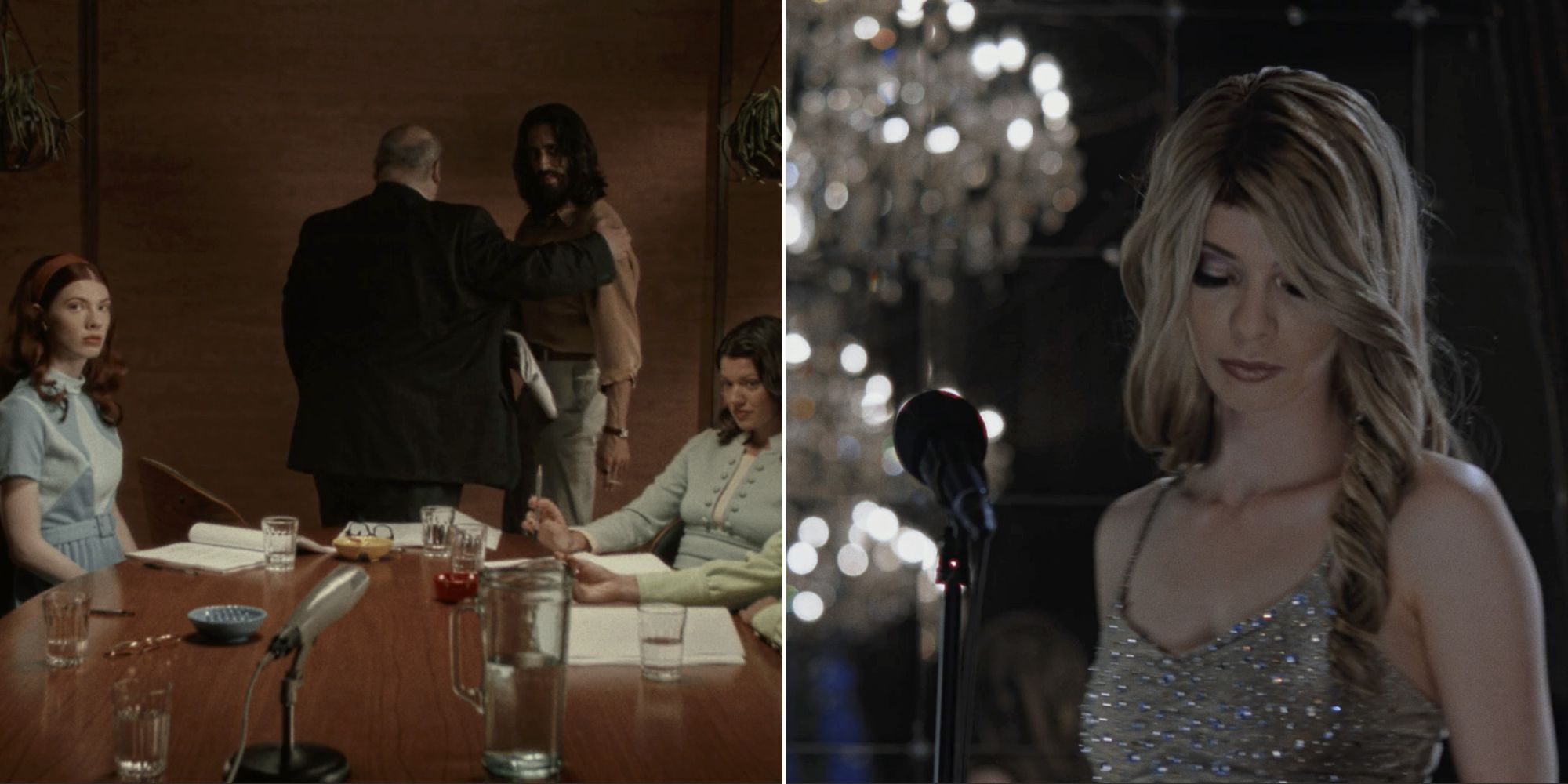 A group of people gather around a table looking nervous and a character stands before a microphone at an event in Immortality