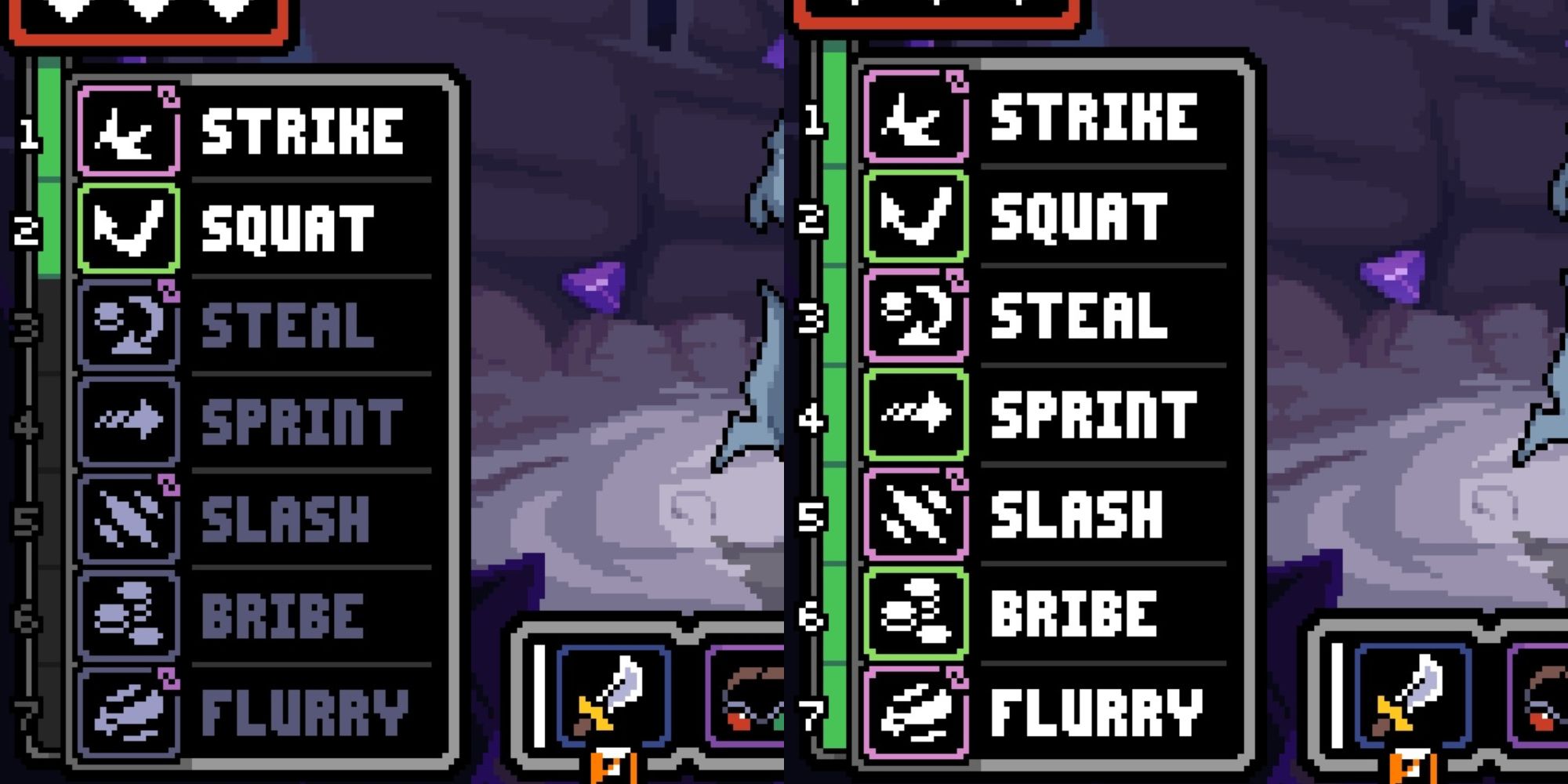 Slade's attacks options at 2 Accuracy (left) and 7 Accuracy (right)
