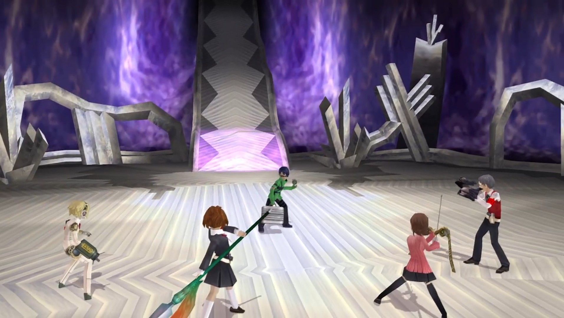 aigis, the female protagonist, yukari, and akihiko about to battle jin in persona 3 portable