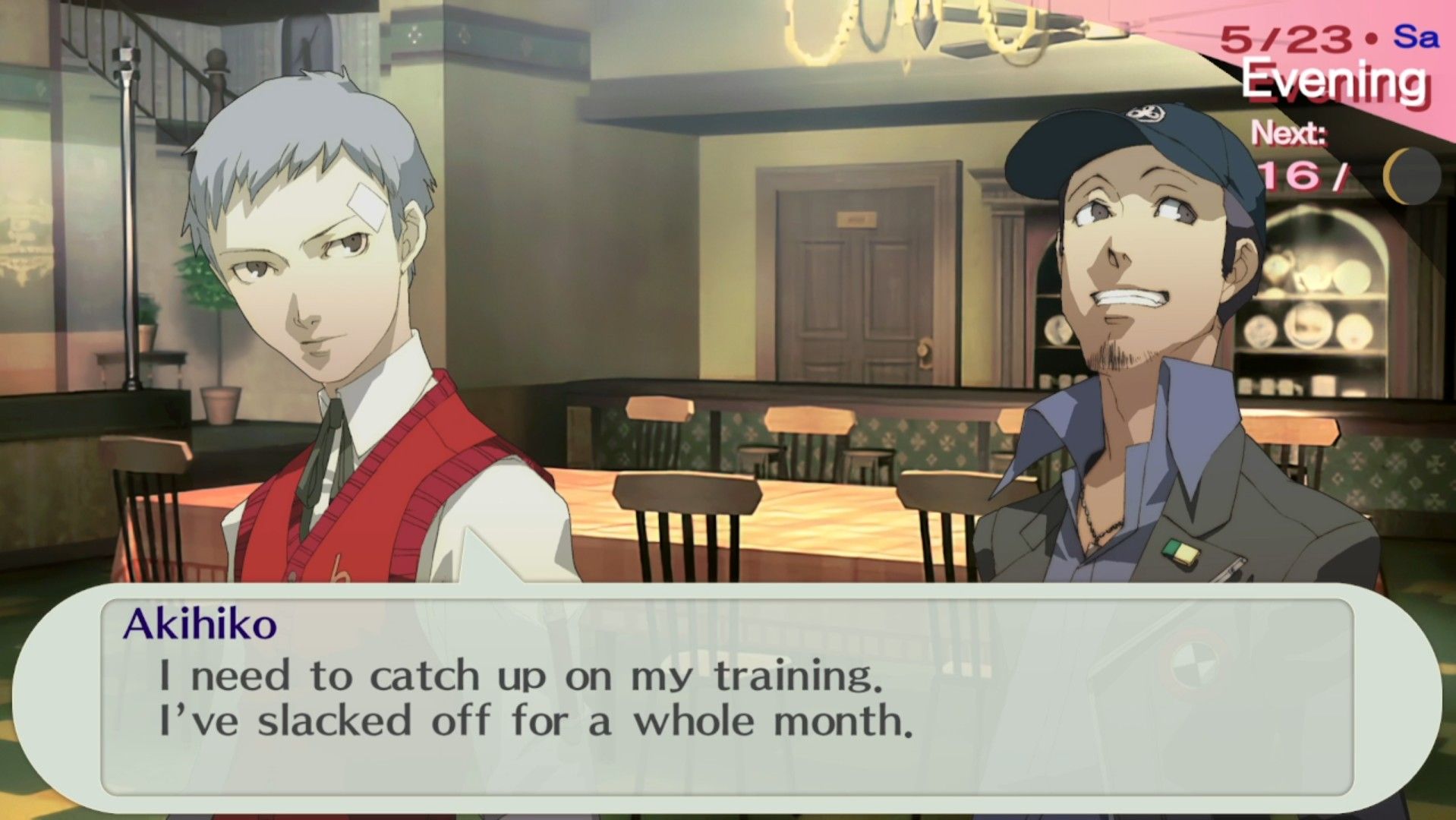akihiko joining sees on 5-23 with junpei in the lounge at the iwatodai dorms in persona 3 portable
