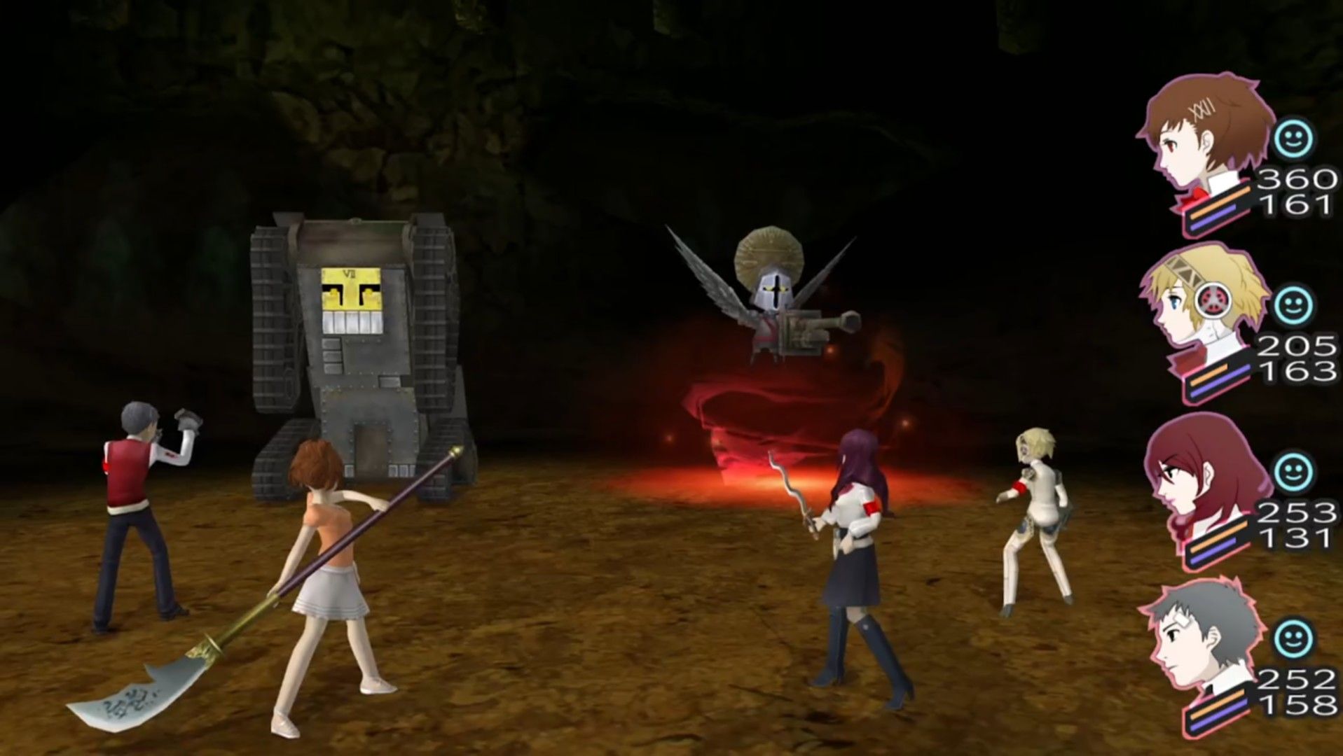akihiko, the female protagonist, mitsuru, and aigis facing the chariot and justice full moon boss shadows in persona 3 portable