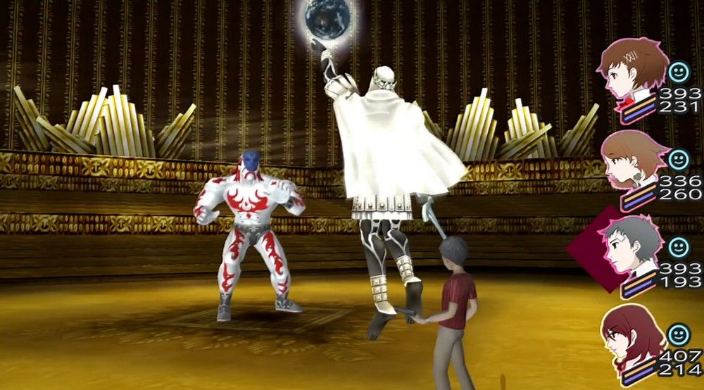 akihiko using caesar to cast zionga on the mythical gigas guardian in persona 3 portable