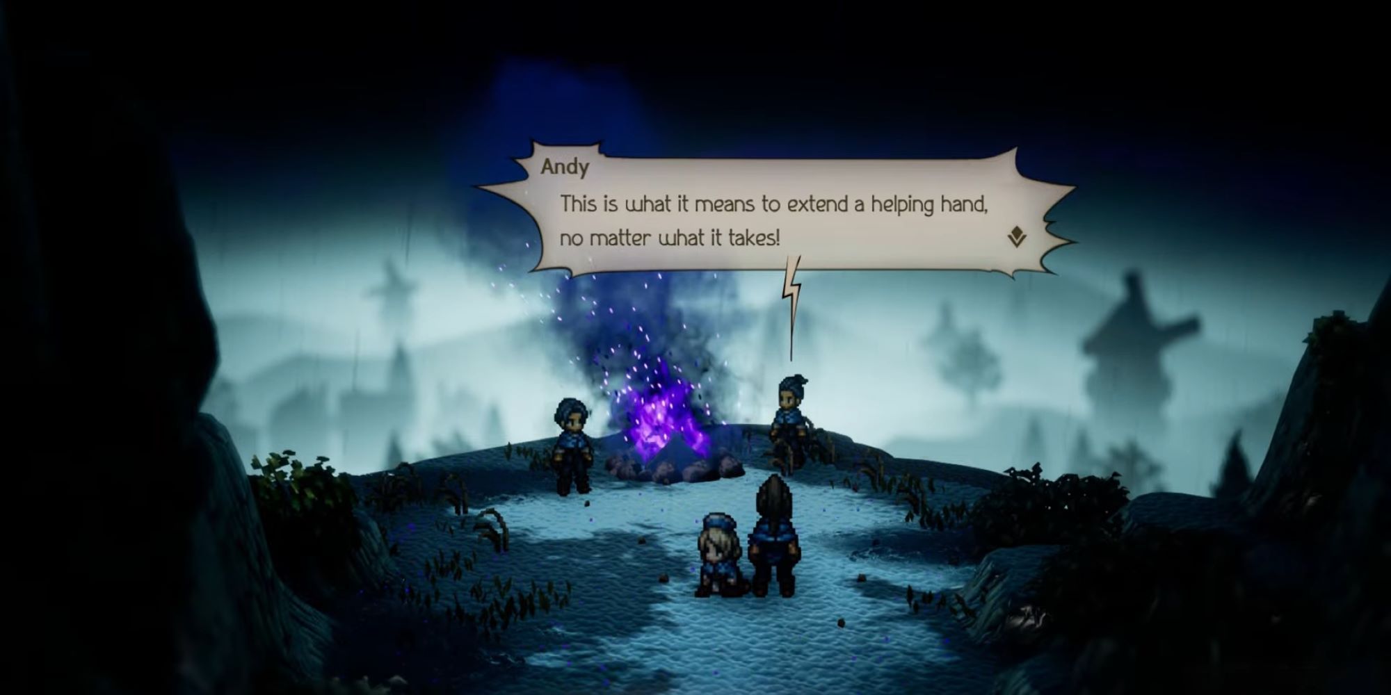 Andy and Randy from Octopath Traveler 2 sacrificing themselves to stop the rain
