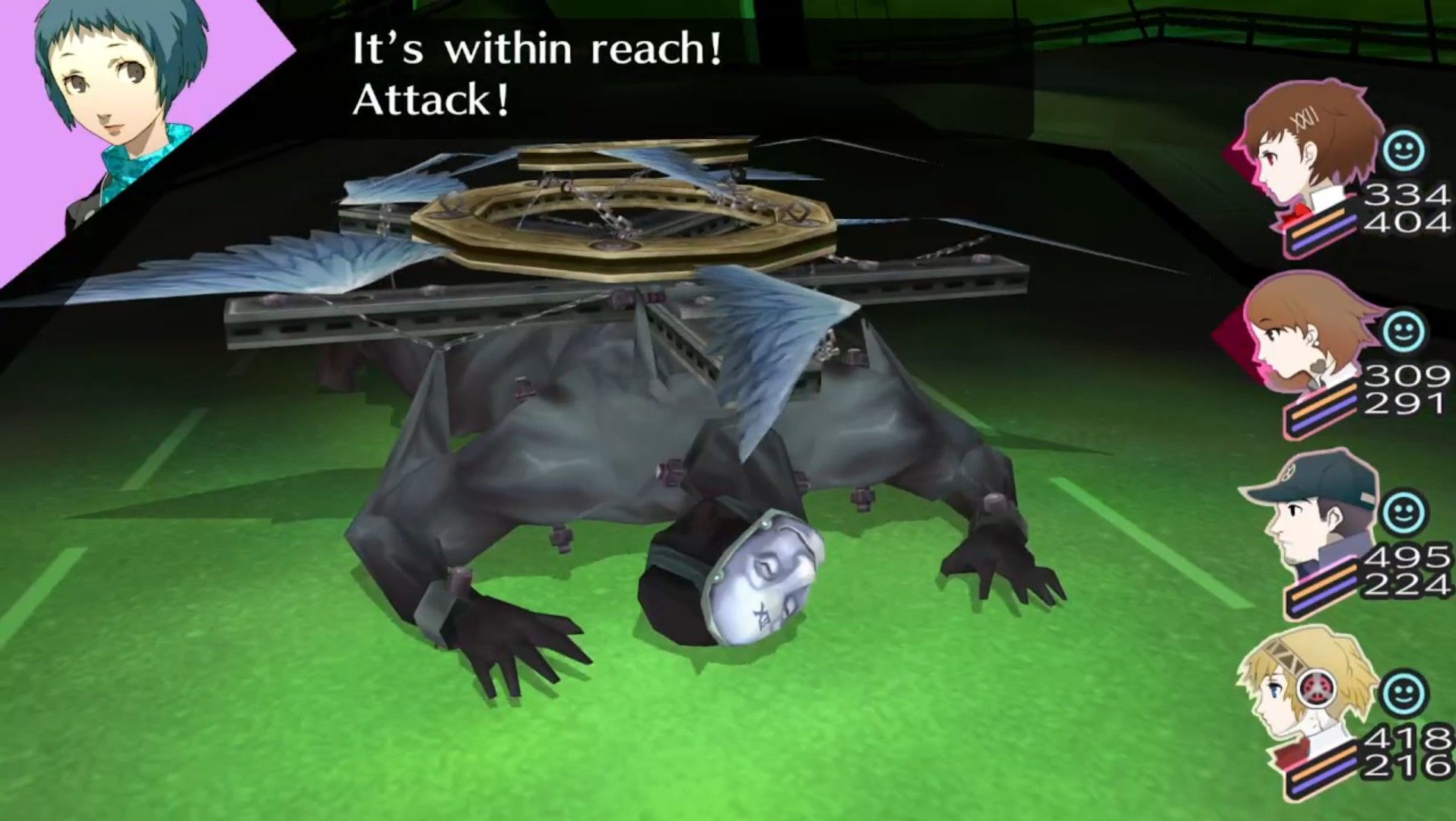 arcana hanged man after it falls from its supports and is in attack range in persona 3 portable