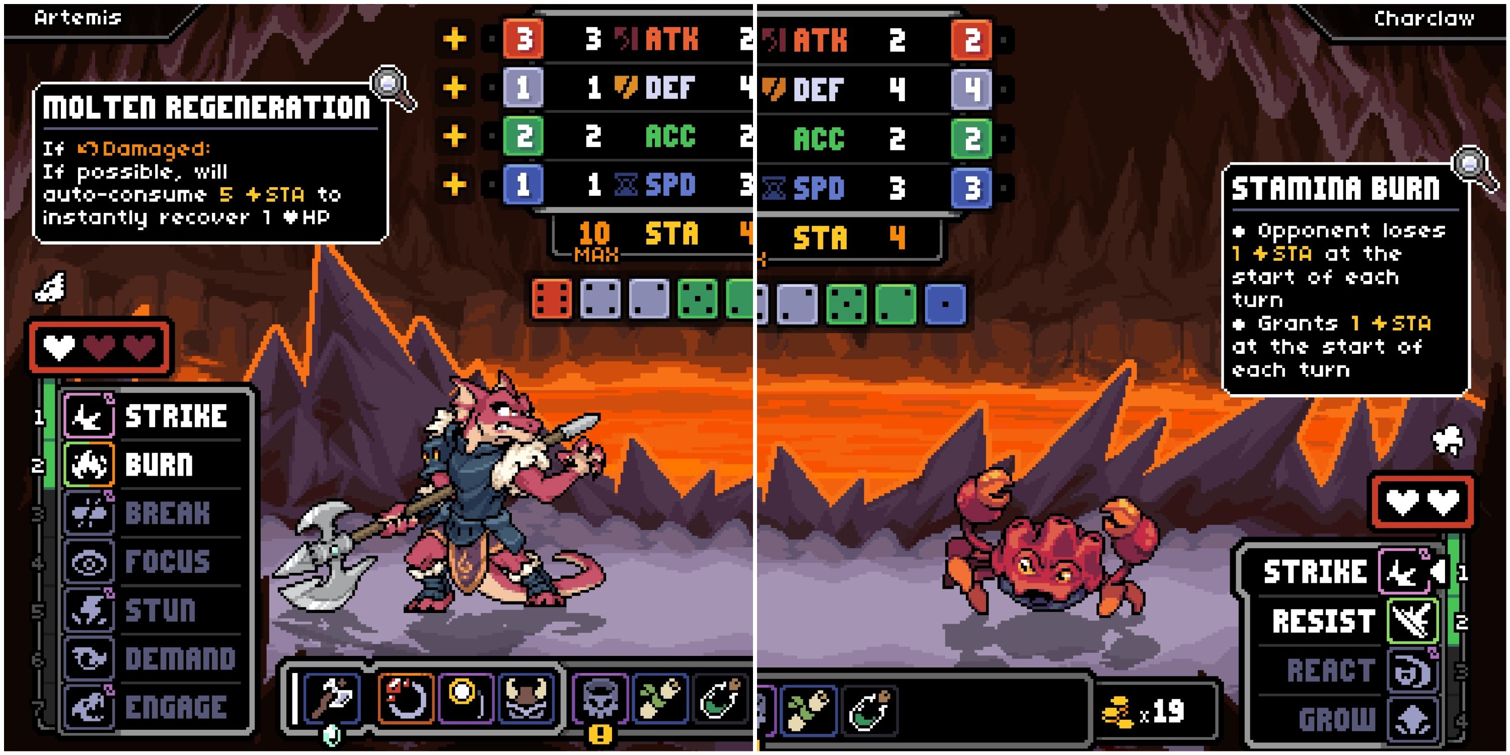 Lizard Lady Artemis wields her bardiche against lava crab Chraclaw