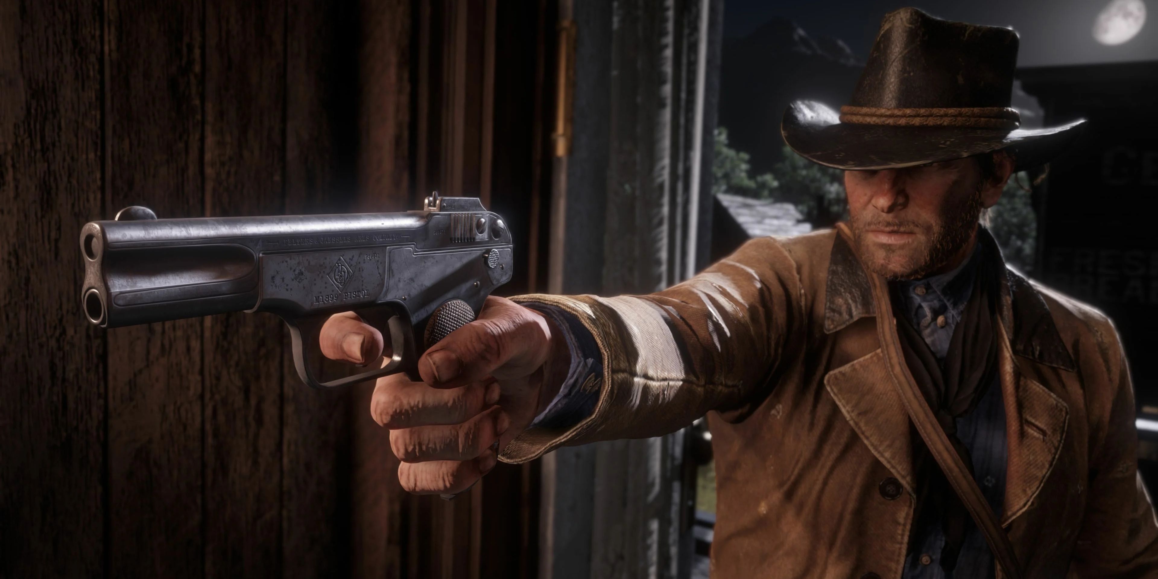 Arthur Morgan pointing a gun in Red Dead Redemption 2