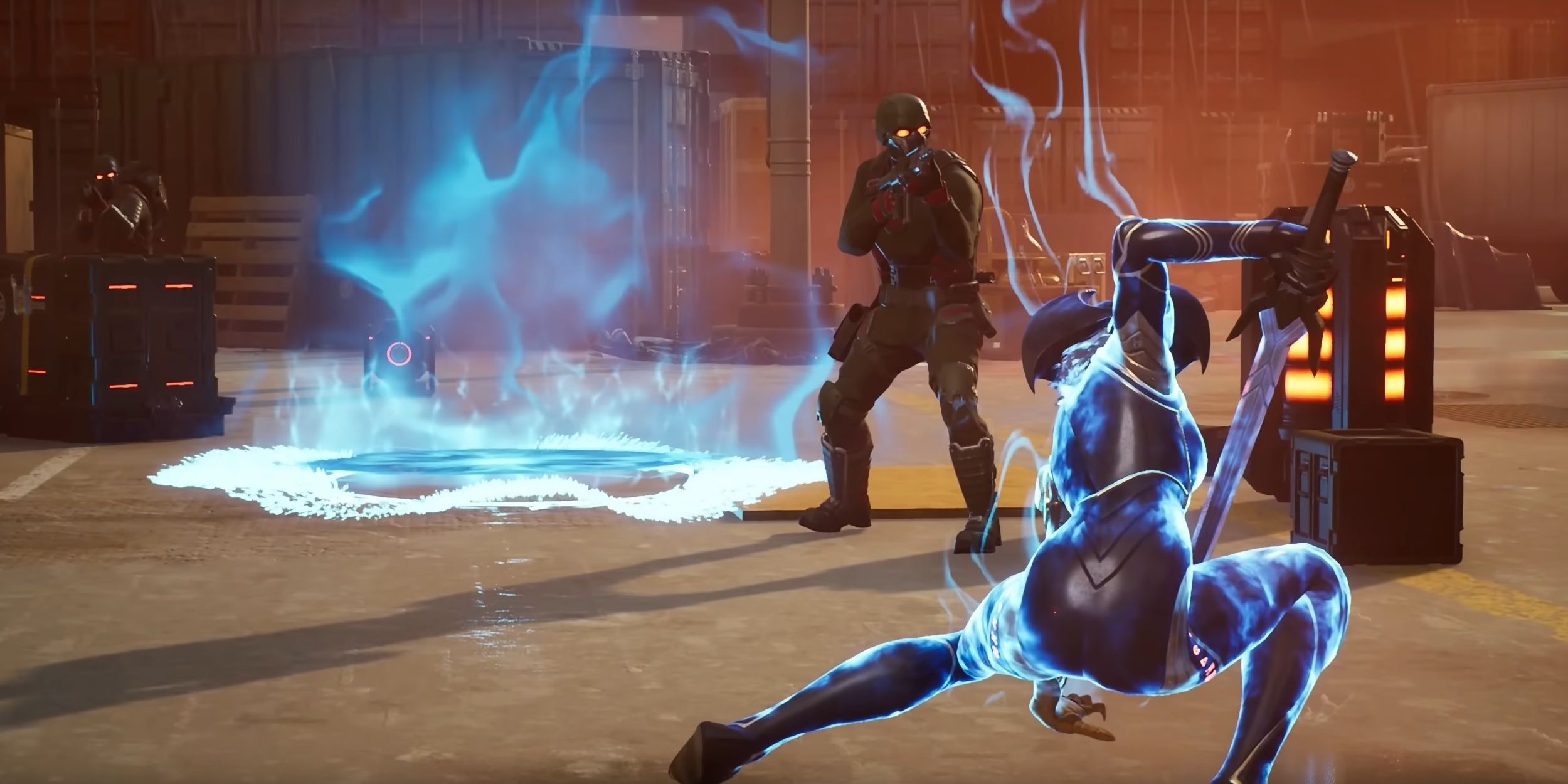 Magik glows with bright blue light as she summons a portal in the background. A HYDRA unit takes aim