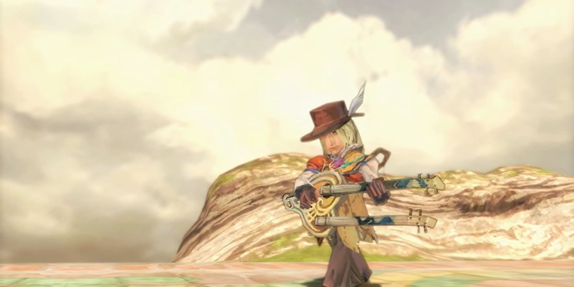 Bard plays his instrument against a desert backgound - Romancing Saga Minstrel Song