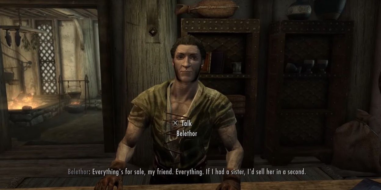 Belethor musing about selling hypothetical siblings in The Elder Scrolls 5: Skyrim