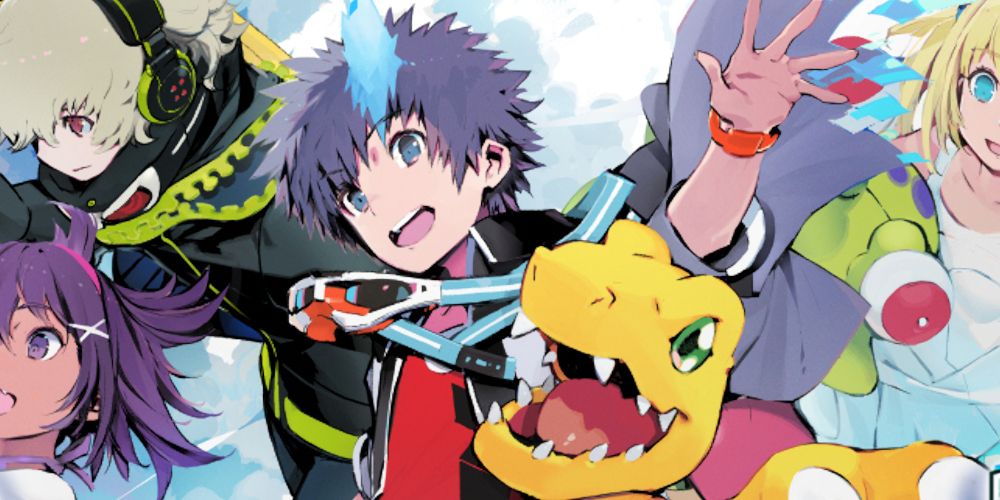Image From The Cover of Digimon World: Next Order's soundtrack, with the main character, a digimon, and some side characters.