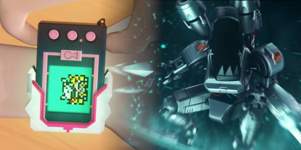 Two Shots From The Intro Cutscene, On the left the digimon device in which the game takes place, and on the right machinedramon