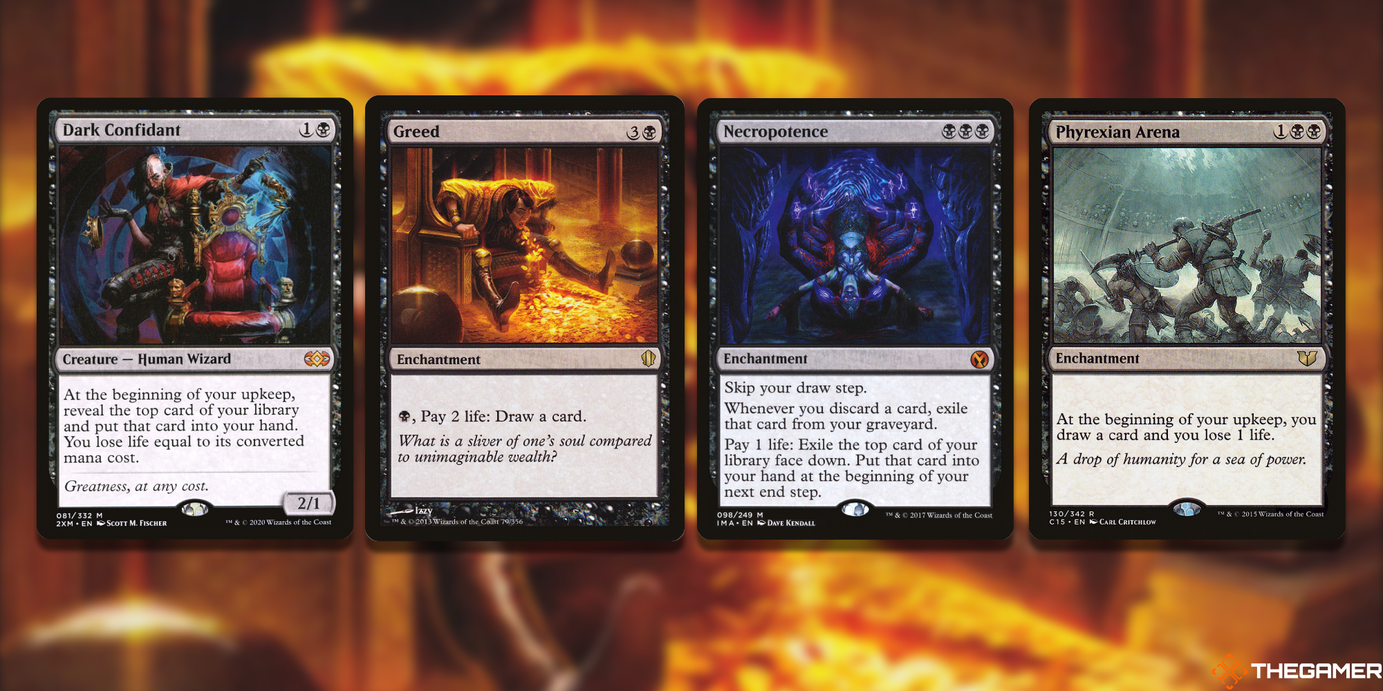 Four Magic cards - Dark Confidant, Greed, Necropotence, Phyrexian Arena