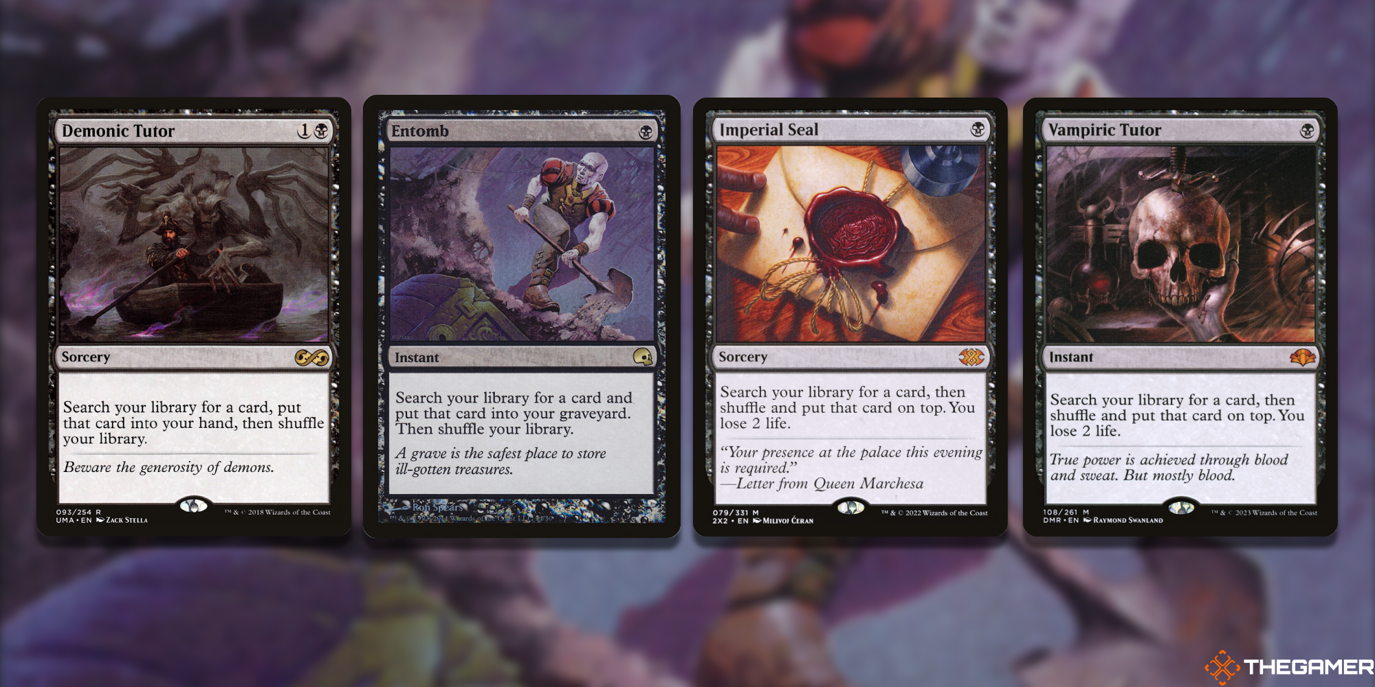 Four Magic cards- Demonic Tutor, Entomb, Imperial Seal, Vampiric Tutor