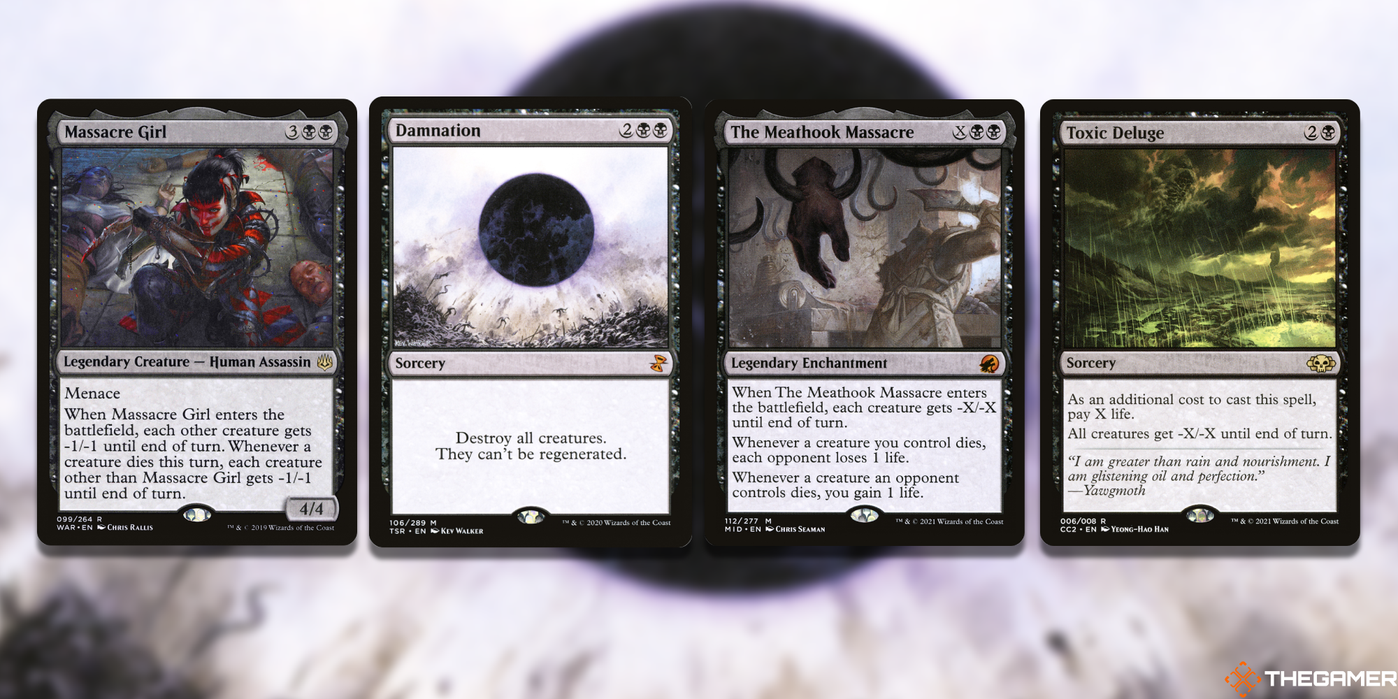 Four Magic cards - Massacre Girl, Damnation, The Meathook Massacre, Toxic Deluge