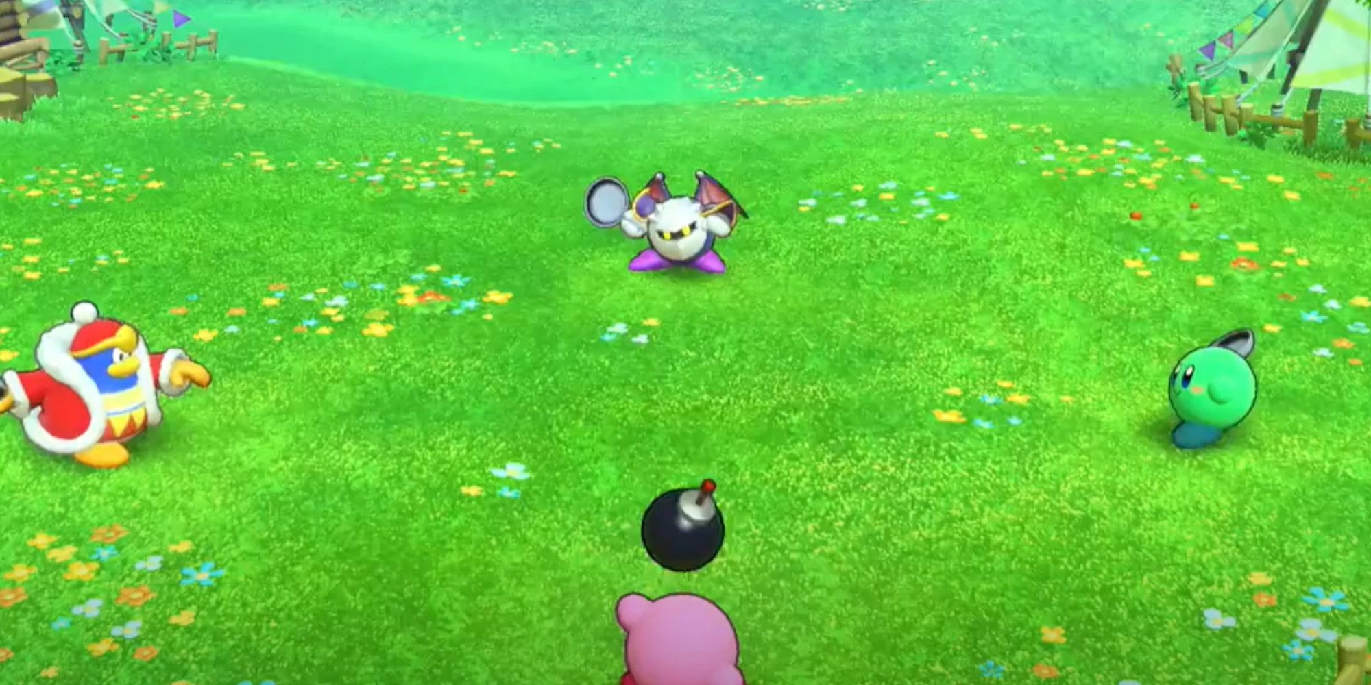 Kirby, King Dedede, Meta Knight, and Green Kirby playing Bomb Rally