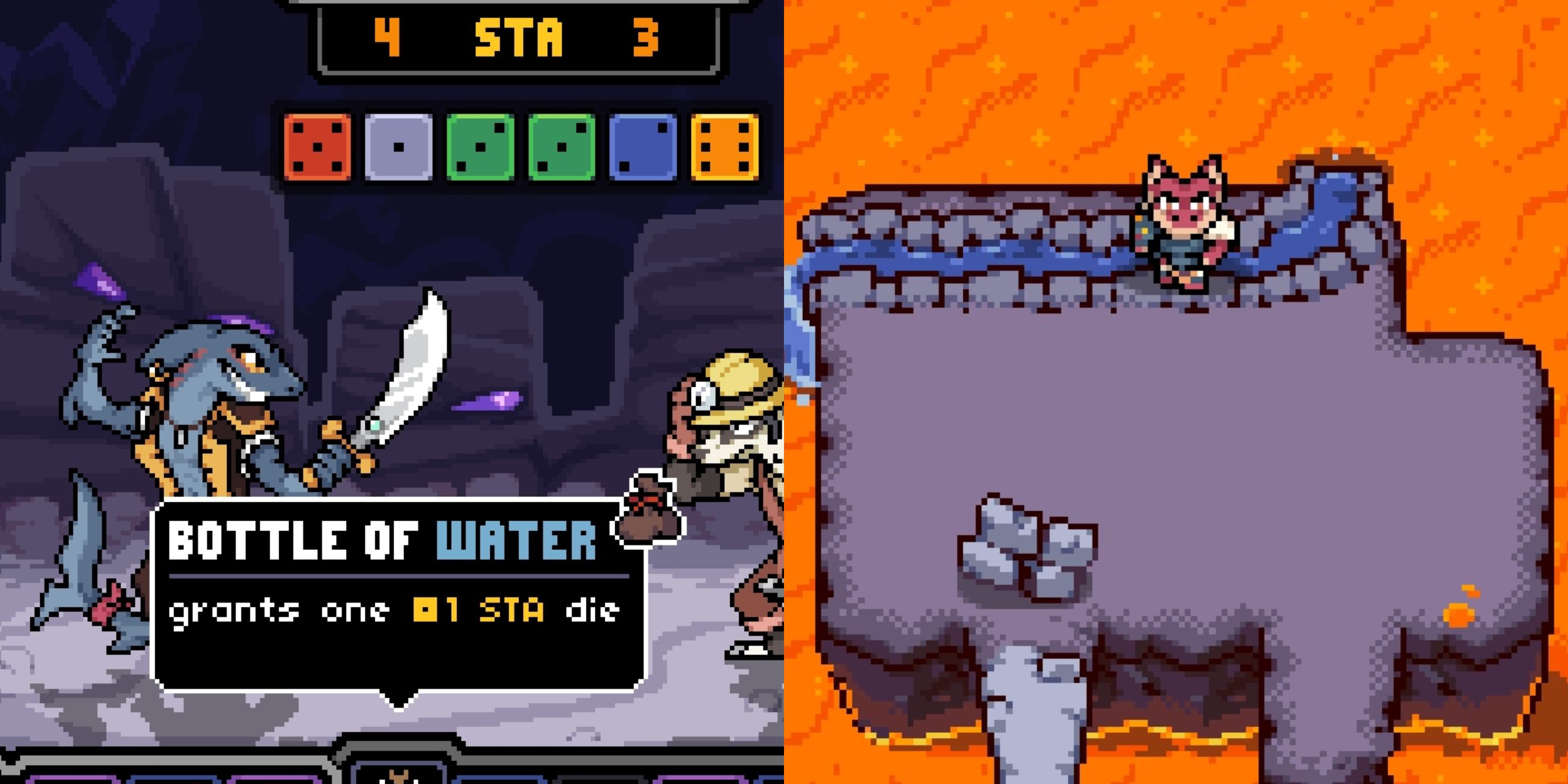 Slade about to use the Bottle of Water item, Artemis in the lava caves near a stream, where a bottle can be refilled