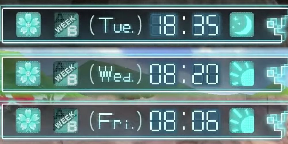 Three screenshots of calendar UI from top left of normal gameplay