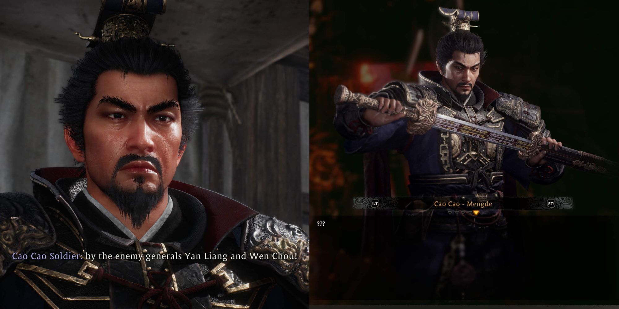 Cao Cao looking serious next to in-game art of the character model - Wo Long