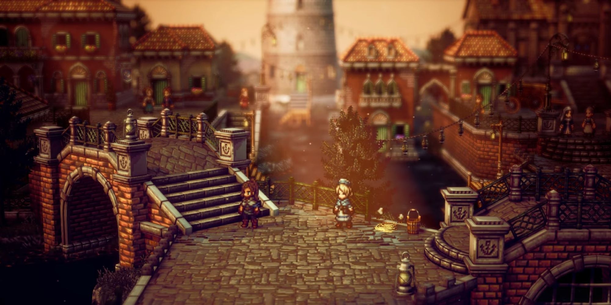 Castti and Malaya from Octopath Traveler 2 at sunset