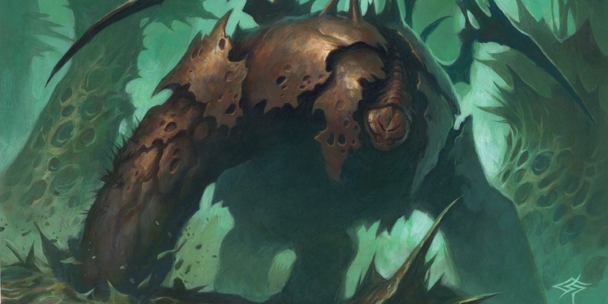 MTG A large Phyrexian moving through a forest
