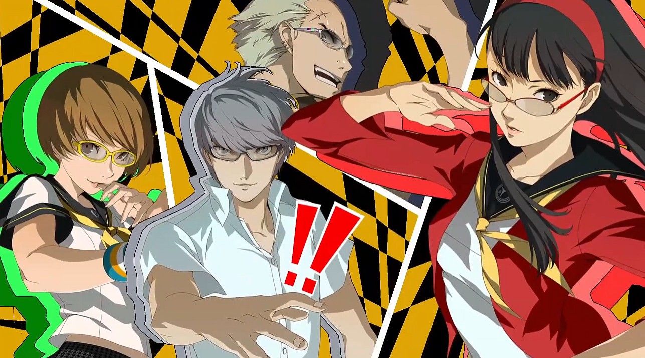 chie, yu, kanji, and yukiko on an all-out attack screen from persona 4 golden