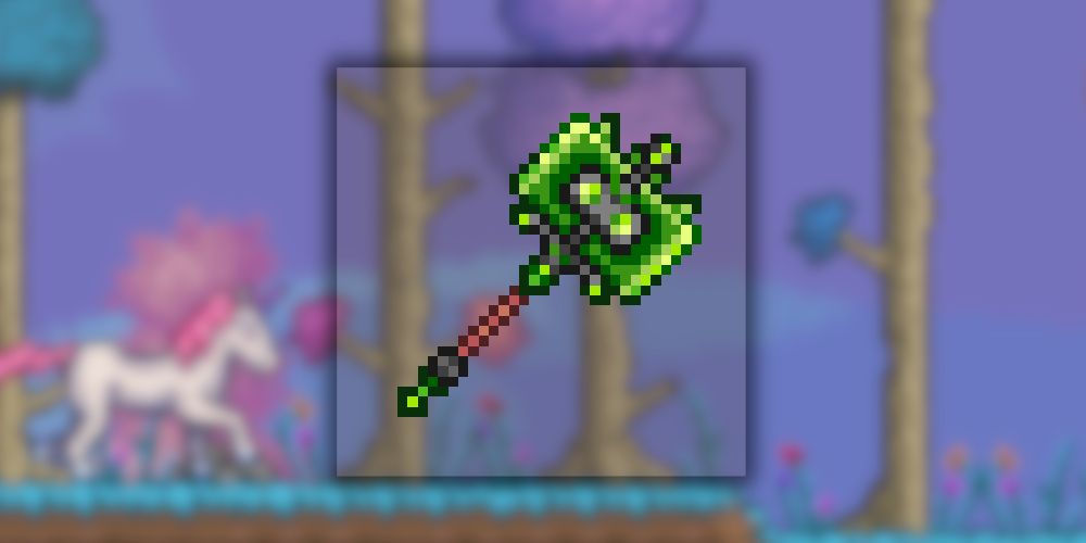 Chlorophyte Warhammer From Terraria Over Hardmode Background